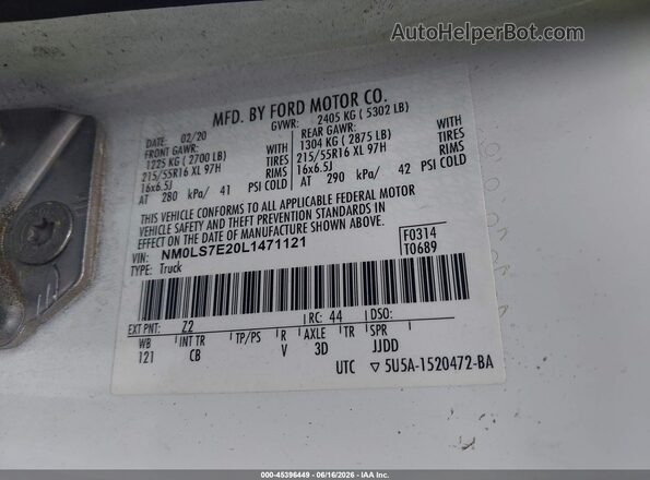 NM0LS7E20L1471121 2020 FORD TRANSIT CONNECT White ძრავის განყოფილების ხედი