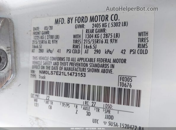 NM0LS7E21L1473153 2020 FORD TRANSIT CONNECT Белый Вид подкапотного пространства