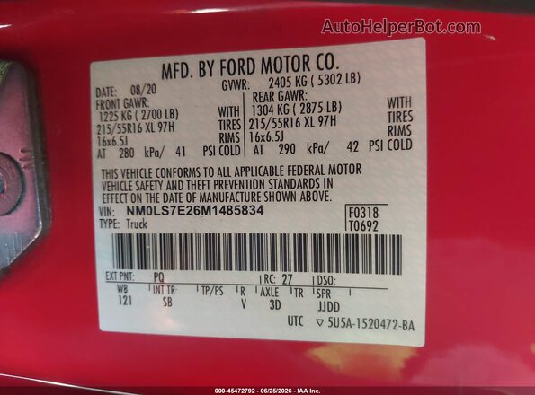 NM0LS7E26M1485834 2021 FORD TRANSIT CONNECT Red Widok komory silnika
