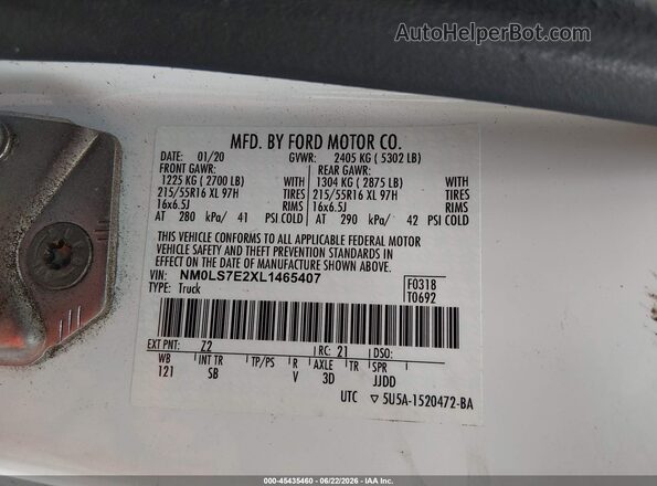 NM0LS7E2XL1465407 2020 FORD TRANSIT CONNECT White Vista del compartimento del motor