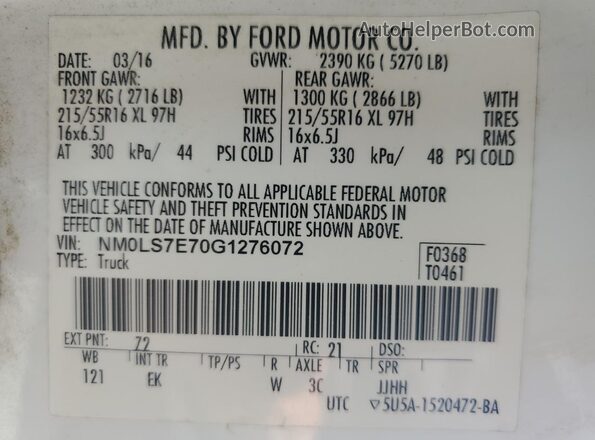 NM0LS7E70G1276072 2016 FORD TRANSIT White Widok naklejki z numerem VIN