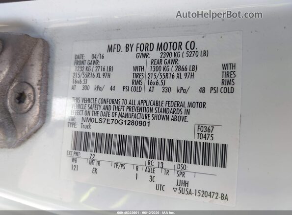 NM0LS7E70G1280901 2016 FORD TRANSIT CONNECT White Vista del compartimento del motor