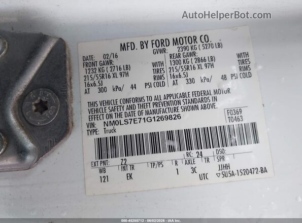 NM0LS7E71G1269826 2016 FORD TRANSIT CONNECT White Շարժիչի բաժամունքի տեսք