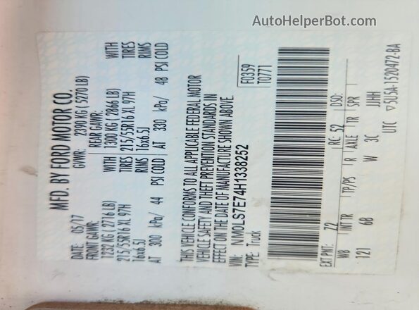 NM0LS7E74H1338252 2017 FORD TRANSIT Blue Vista de la etiqueta del VIN