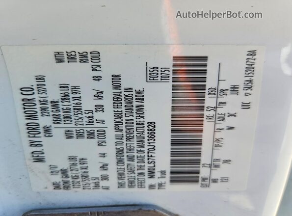 NM0LS7F70J1366828 2018 FORD TRANSIT White 