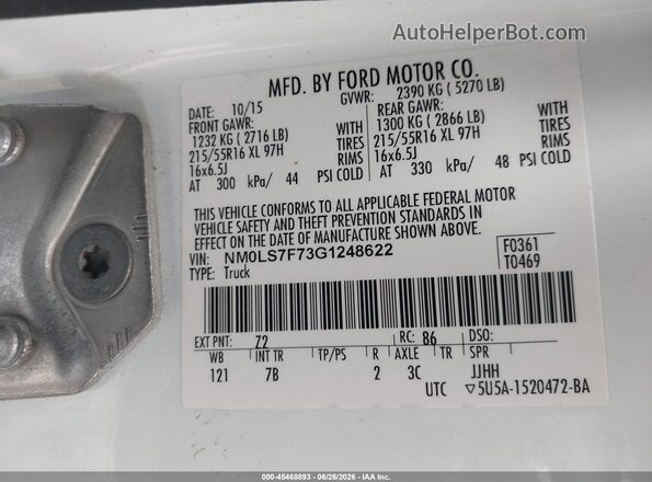 NM0LS7F73G1248622 2016 FORD TRANSIT CONNECT White Widok komory silnika