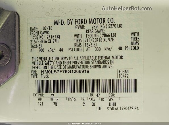NM0LS7F76G1266919 2016 FORD TRANSIT CONNECT White Вид підкапотного простору