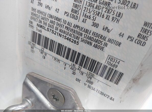 NM0LS7S21N1546285 2022 FORD TRANSIT CONNECT White Widok komory silnika