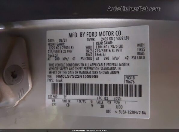NM0LS7S22N1508998 2022 FORD TRANSIT CONNECT Silver 