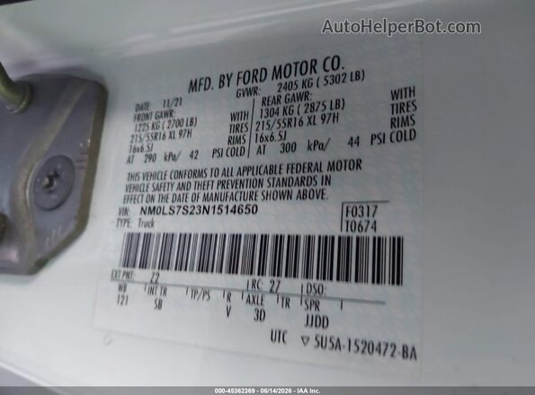 NM0LS7S23N1514650 2022 FORD TRANSIT CONNECT White Widok komory silnika