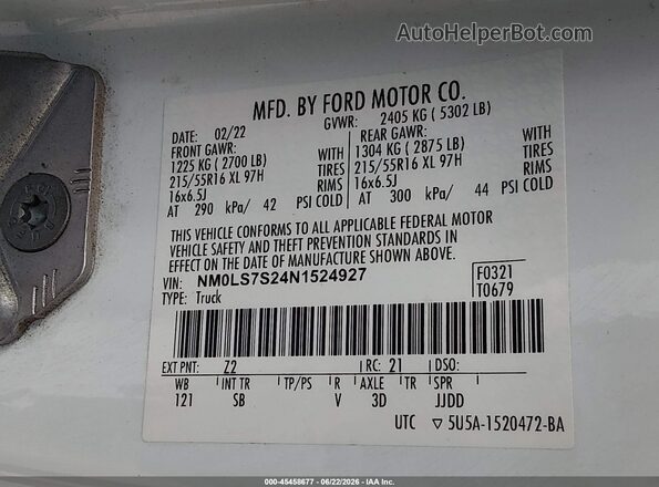 NM0LS7S24N1524927 2022 FORD TRANSIT CONNECT White Engine compartment view