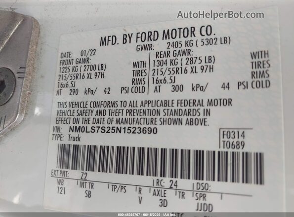NM0LS7S25N1523690 2022 FORD TRANSIT CONNECT White Engine compartment view