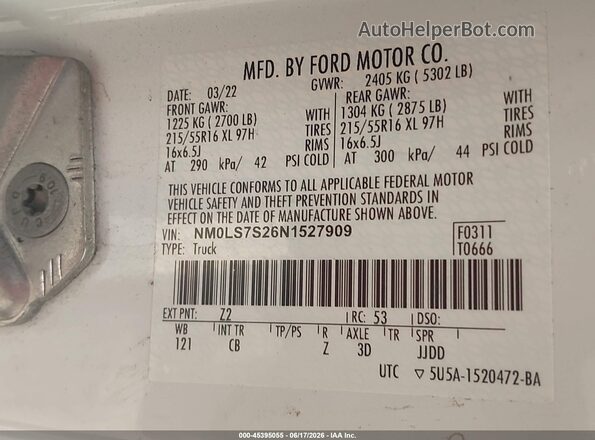 NM0LS7S26N1527909 2022 FORD TRANSIT CONNECT White Շարժիչի բաժամունքի տեսք