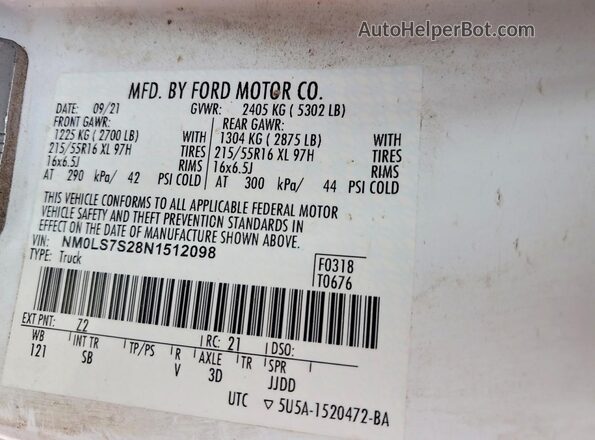 NM0LS7S28N1512098 2022 FORD TRANSIT White 