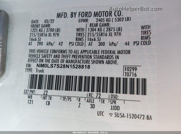 NM0LS7S28N1528818 2022 FORD TRANSIT CONNECT White Vista del compartimento del motor