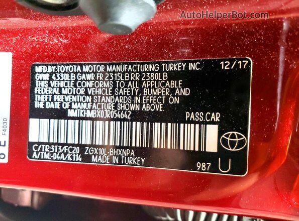 NMTKHMBX0JR054642 2018 TOYOTA C-HR Red 