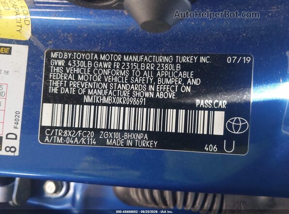 NMTKHMBX0KR098691 2019 TOYOTA C-HR Blue Widok komory silnika