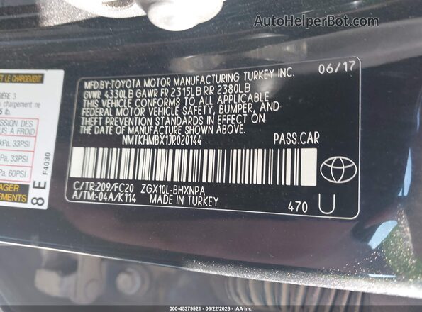 NMTKHMBX1JR020144 2018 TOYOTA C-HR Black Շարժիչի բաժամունքի տեսք
