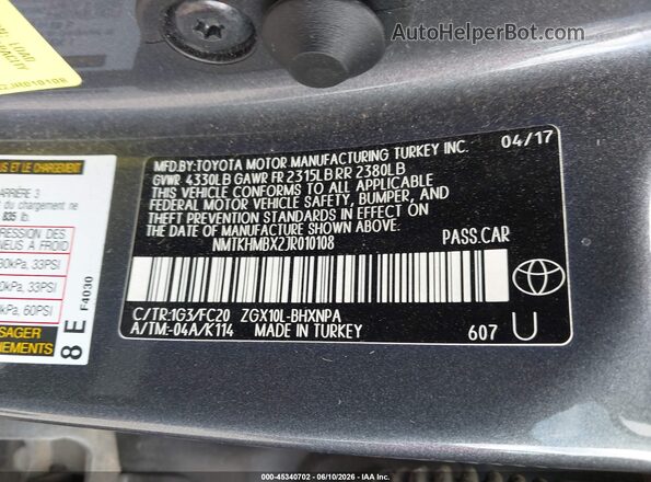 NMTKHMBX2JR010108 2018 TOYOTA C-HR Gray Engine compartment view