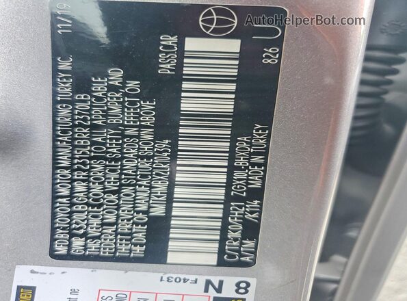 NMTKHMBX2LR104394 2020 TOYOTA C-HR Серебряный Вид наклейки с VIN-кодом