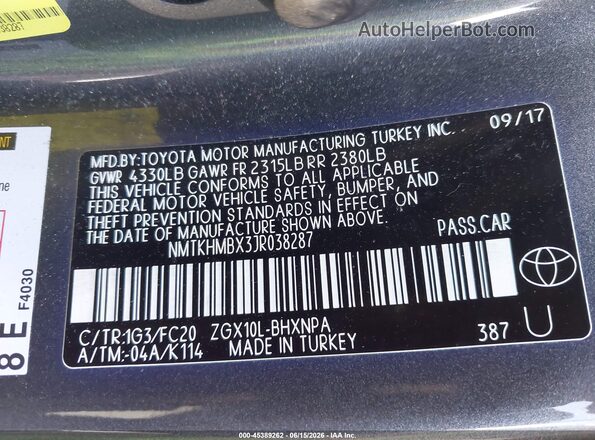 NMTKHMBX3JR038287 2018 TOYOTA C-HR Серый 