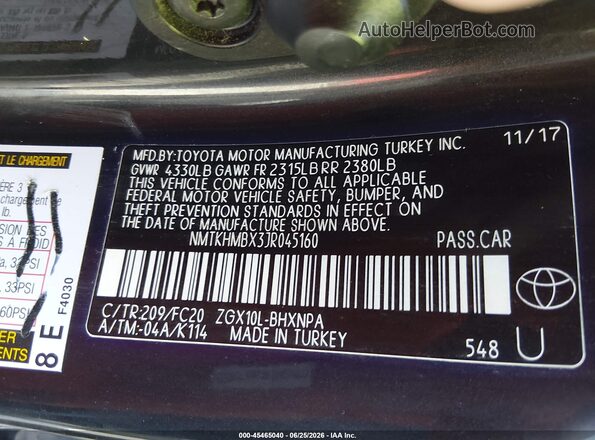 NMTKHMBX3JR045160 2018 TOYOTA C-HR Black Engine compartment view