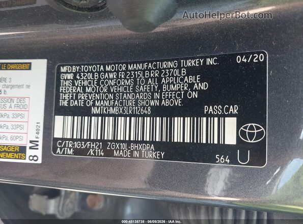 NMTKHMBX3LR112648 2020 TOYOTA C-HR Gray Engine compartment view