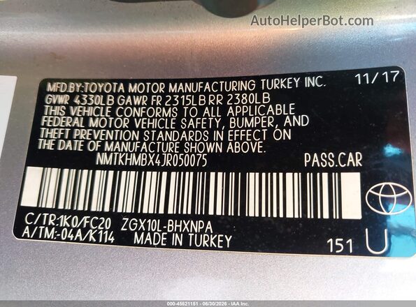 NMTKHMBX4JR050075 2018 TOYOTA C-HR Silver Շարժիչի բաժամունքի տեսք
