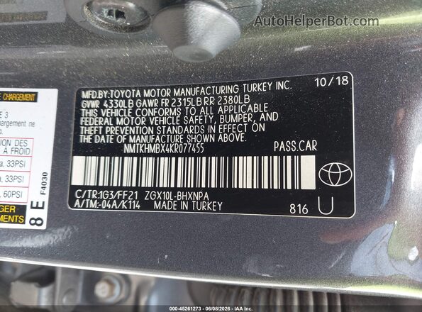 NMTKHMBX4KR077455 2019 TOYOTA C-HR Gray Engine compartment view