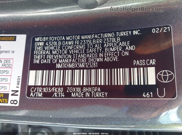 NMTKHMBX5MR123281 2021 TOYOTA C-HR Gray Engine compartment view