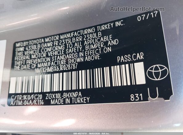 NMTKHMBX6JR028787 2018 TOYOTA C-HR Gray Widok komory silnika
