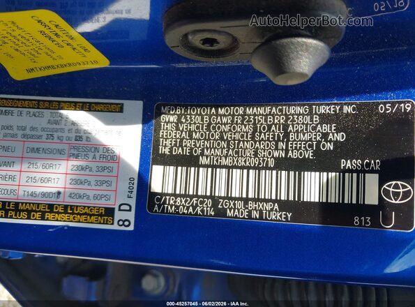 NMTKHMBX8KR093710 2019 TOYOTA C-HR Blue Engine compartment view
