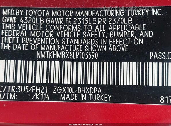 NMTKHMBX8LR103590 2020 TOYOTA C-HR Red ძრავის განყოფილების ხედი