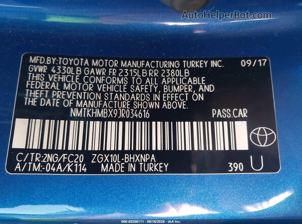 NMTKHMBX9JR034616 2018 TOYOTA C-HR Blue Widok komory silnika