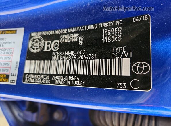 NMTKHMBX9JR064781 2018 TOYOTA C-HR Blue 