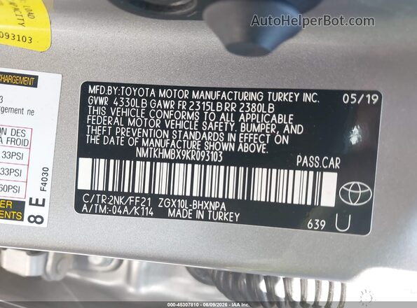 NMTKHMBX9KR093103 2019 TOYOTA C-HR Silver Vista del compartimento del motor