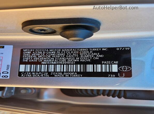NMTKHMBX9KR098561 2019 TOYOTA C-HR Silver VIN կոդի պիտակի տեսք