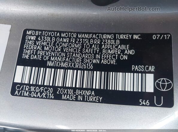 NMTKHMBXXJR026136 2018 TOYOTA C-HR Gray Вид підкапотного простору