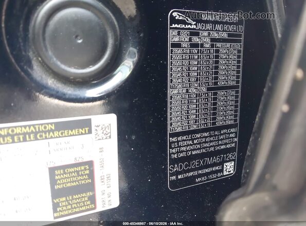 SADCJ2EX7MA671262 2021 JAGUAR F-PACE Black Engine compartment view