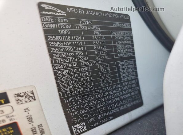 SADCJ2FX2KA609733 2019 JAGUAR F-PACE White Вид наклейки з VIN-кодом