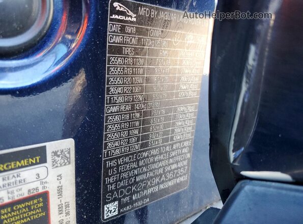SADCK2FX9KA367357 2019 JAGUAR F-PACE Blue VIN կոդի պիտակի տեսք