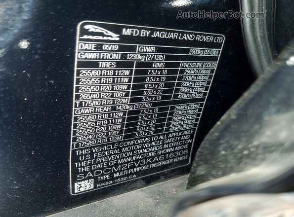 SADCM2FV3KA616308 2019 JAGUAR F-PACE Black VIN sticker view