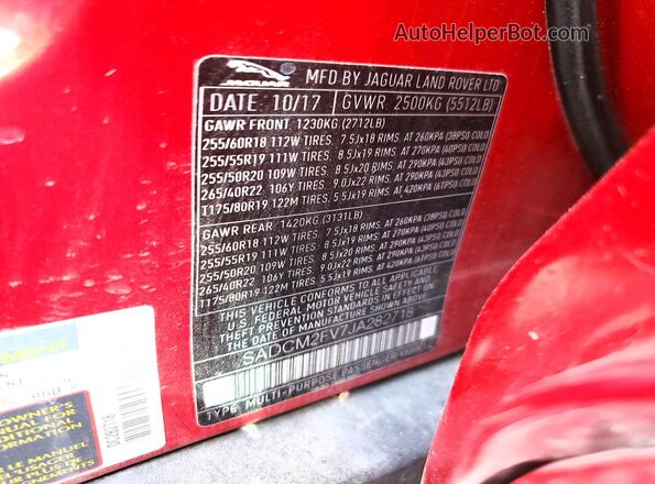 SADCM2FV7JA282718 2018 JAGUAR F-PACE Red Widok naklejki z numerem VIN