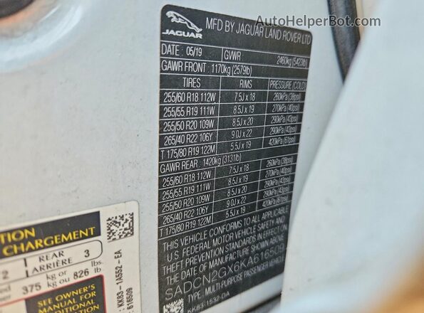 SADCN2GX6KA616509 2019 JAGUAR F-PACE Белый 