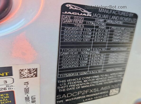 SADCP2FX5LA651071 2020 JAGUAR F-PACE White 