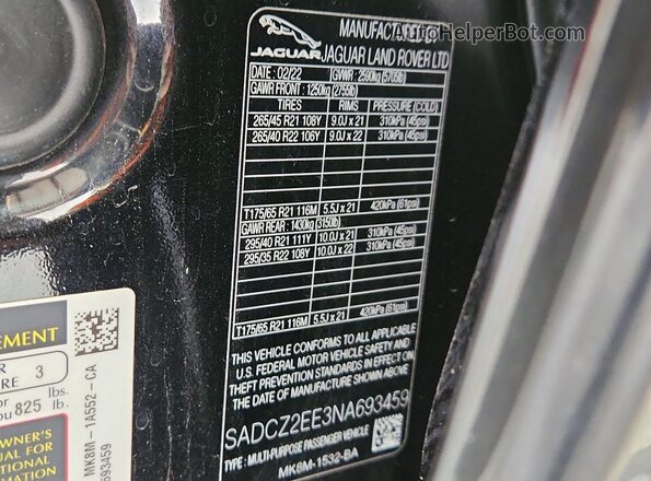 SADCZ2EE3NA693459 2022 JAGUAR F-PACE Black VIN sticker view