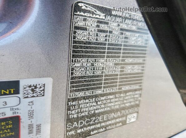 SADCZ2EE9NA700690 2022 JAGUAR F-PACE Gray VIN sticker view