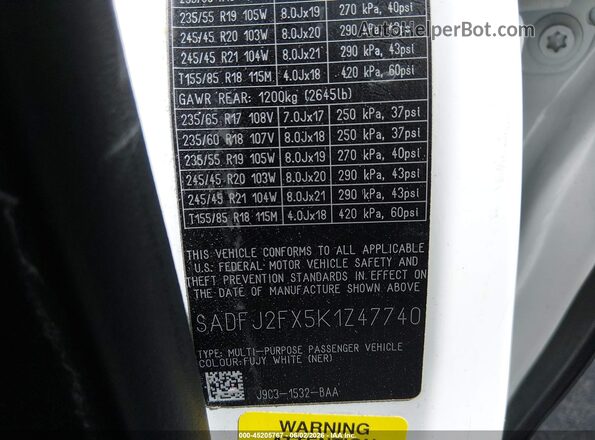 SADFJ2FX5K1Z47740 2019 JAGUAR E-PACE White Engine compartment view