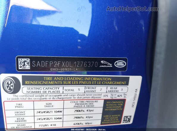 SADFP2FX0L1Z76370 2020 JAGUAR E-PACE Blue Vista del compartimento del motor
