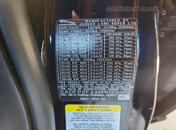 SADFP2FXXM1022906 2021 JAGUAR E-PACE Blue Widok naklejki z numerem VIN